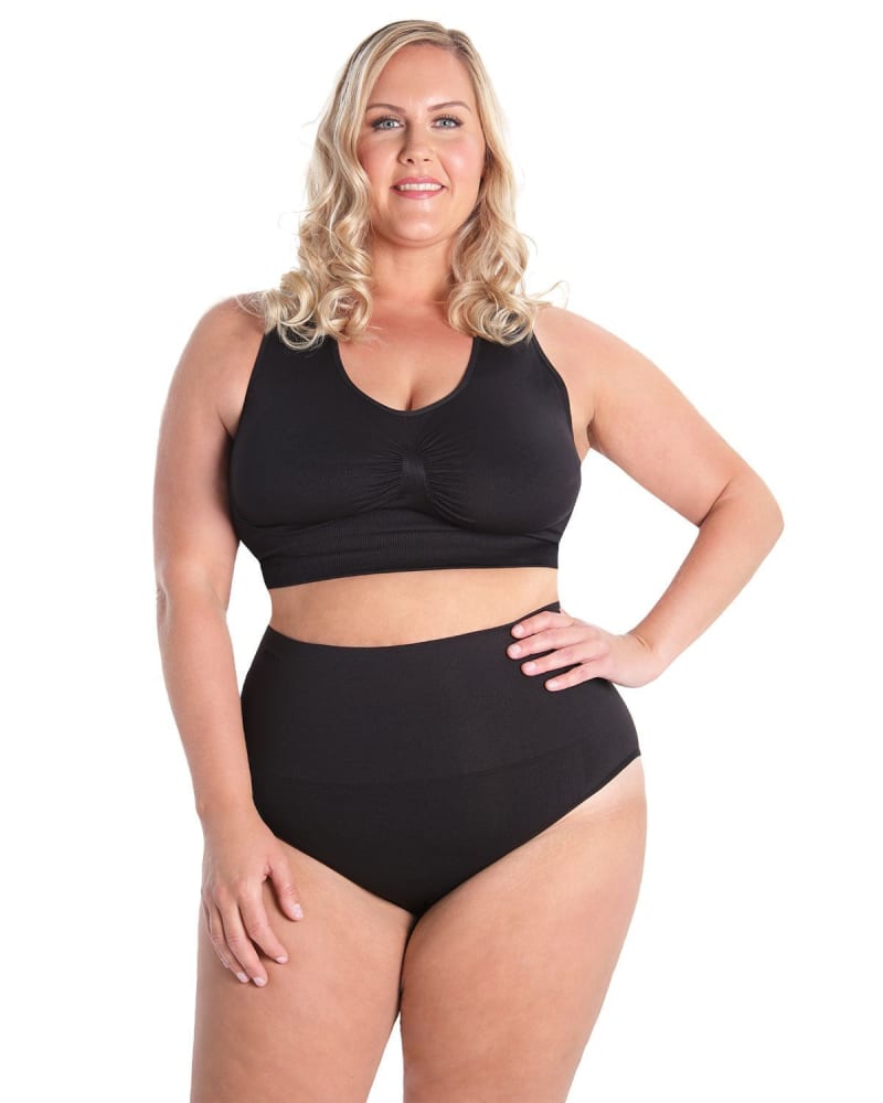 Front of a model wearing a size XL High-Waisted Moderate Coverage Seamless Shaper Brief in Black by Memoi. | dia_product_style_image_id:299800